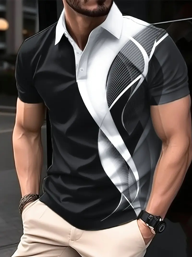 Camisa POLO con cremallera de manga corta con estampado digital 3D para hombre de verano transfronterizo de estilo deportivo y casual patrón geométrico MB13
