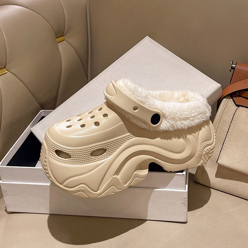 fleece-lined High Heel 10CM Hole Shoes Women's Outfit Winter Thick Sole Increased Warm Detachable Plush Cotton Slippers Winter