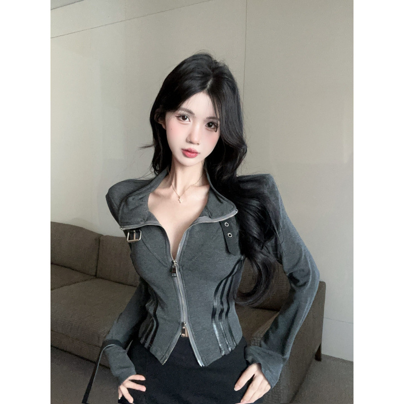 Real Shot Real Price Cool Design Long-Sleeve Turn-Down Collar Double-Zip Sweatshirt Cardigan Slimming Jacket for Women