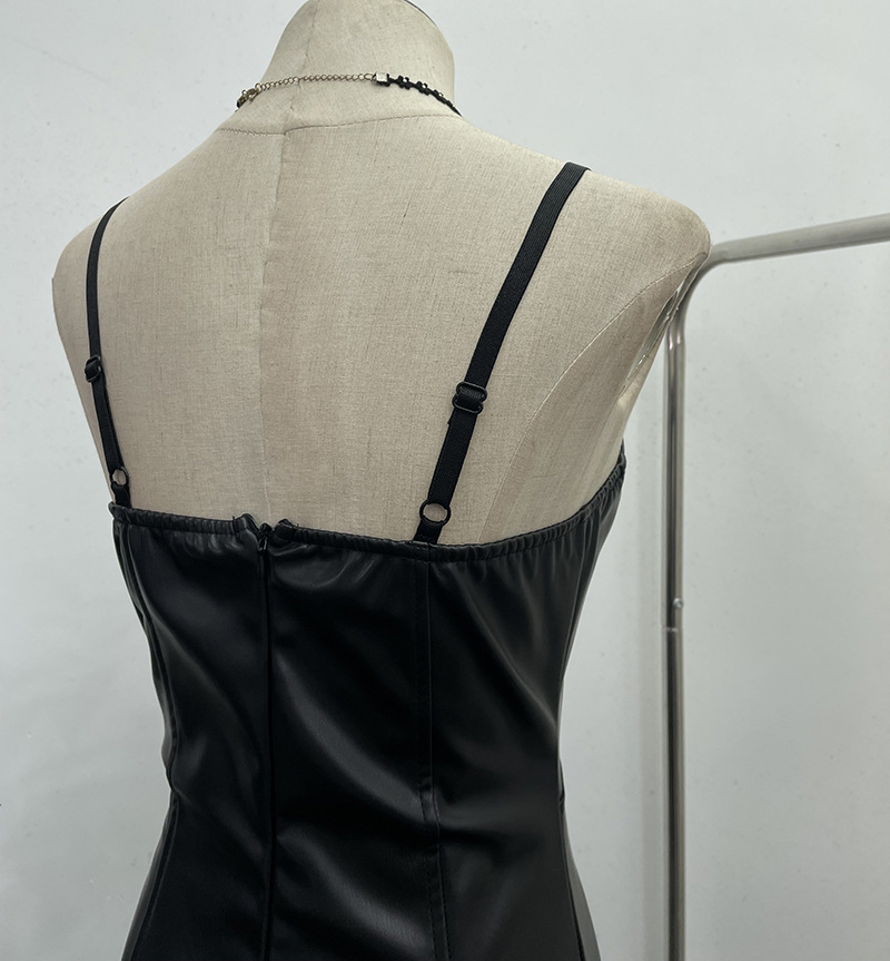 Real Shot Sexy Sling Sheath A line Faux Leather Waist Slimming Short Chest Pad Dress