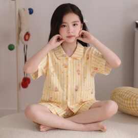 女童夏季卡通短袖家居服套装翻领纯棉睡衣中小童可爱空调服两件套