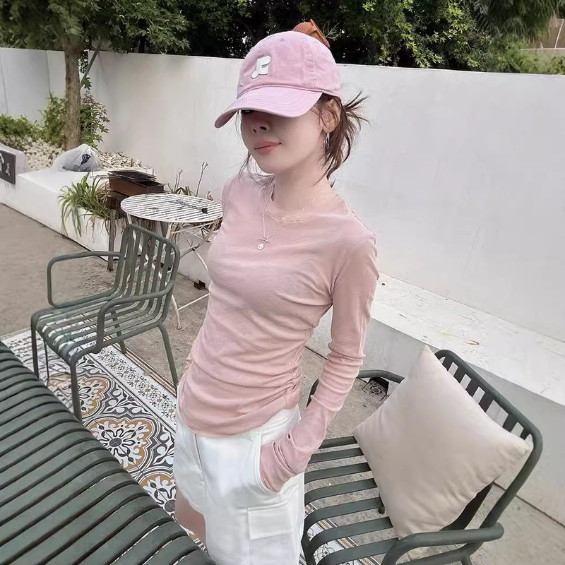 Pink Thin Slightly See-Through Curled Right Shoulder Long-Sleeved T-Shirt for Women in Spring & Fall Slimming Look Inner Layering Shirt Tight Top