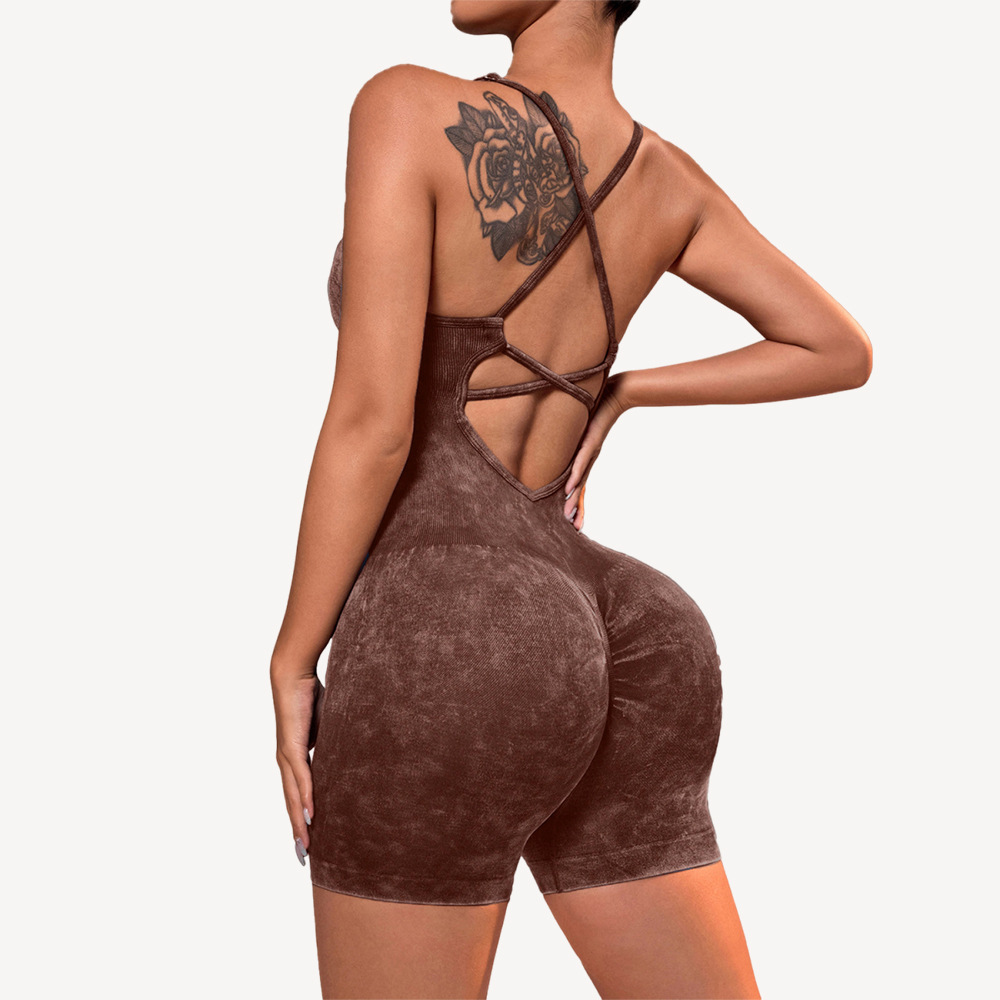 Europa y los Estados Unidos sin costuras esmeriladas, sexy, camiseta de mel, camiseta de acondicionamiento físico de secado rápido, ropa de yoga de espalda hermosa en una sola pieza