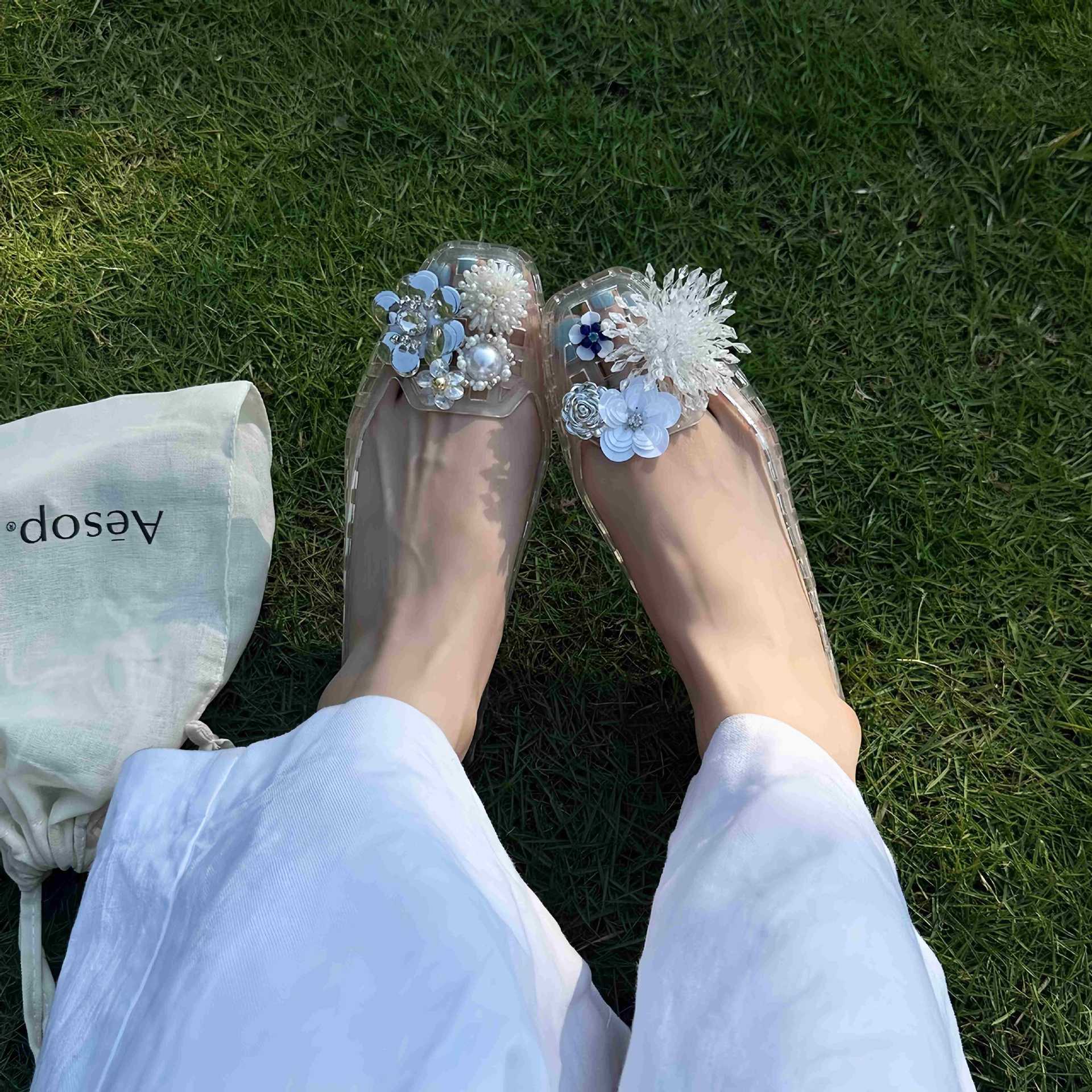 Sandalias de Gelatina con Flores PVC Secado Rápido Transpirable