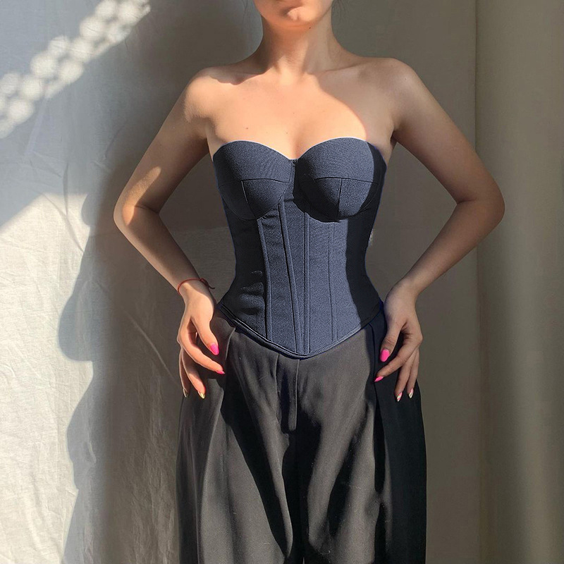 Summer European and American Fish Bone Sexy Waist Strap Backless Spice Girl Top Solid Color Denim Chest Wrap Spice Girl Tight Vest Summer European and American Fish Bone Sexy Waist Strap Backless Spice Girl Top Solid Color Denim Chest Wrap Spice Girl Tight Vest