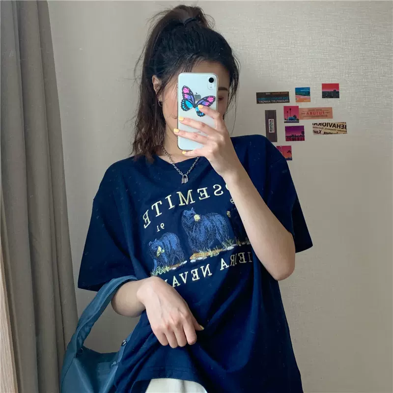 2024夏季韩版短袖t恤女中长款打底衫女卡通学生宽松上衣女装批发