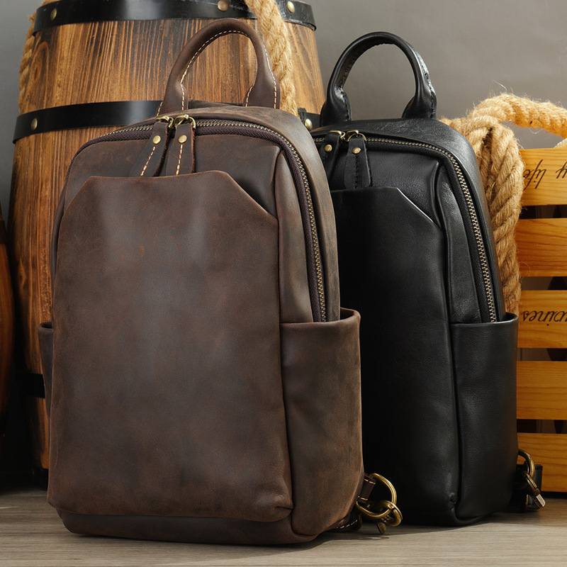 Crazy Horse Leather Vintage Single Shoulder Crossbody Bag Genuine Leather Men's Outdoor Chest Bag Black Fashionable Small Men's Bag Crazy Horse Leather Vintage Single Shoulder Crossbody Bag Genuine Leather Men's Outdoor Chest Bag Black Fashionable Small Men's Bag