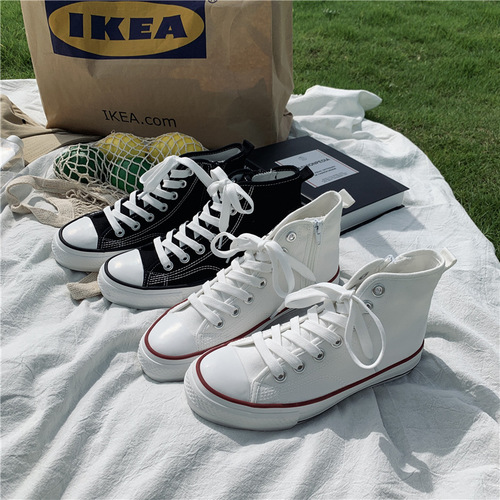  Autumn New High-Top Canvas Shoes for Women Korean Style Casual Student Trendy Women's Shoes Basic Zipper White Shoes