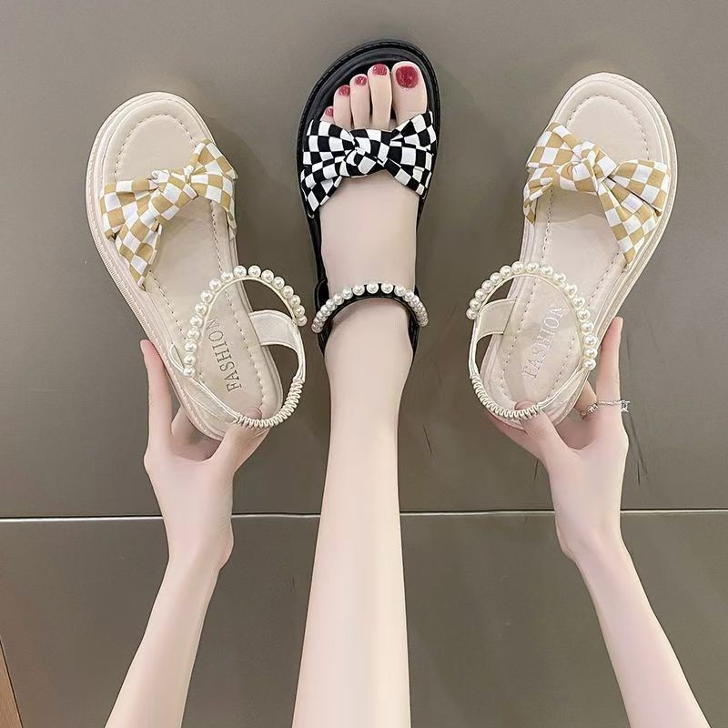 Fairy viento de verano con sandalias de falda nueva perla diseño tablero de ajedrez perla playa sandalias de fondo grueso