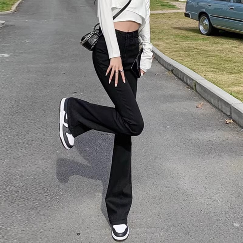 Black Stretch Micro Horn Jeans Women's Spring New High Waist plus size Chubby mm200 Jin Spice Girls Straight Pants