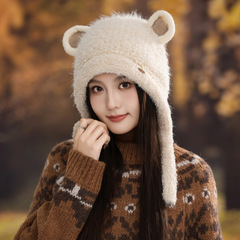 甜美可爱花边小熊耳朵毛绒帽秋冬休闲百搭大头围套头帽防寒保暖帽