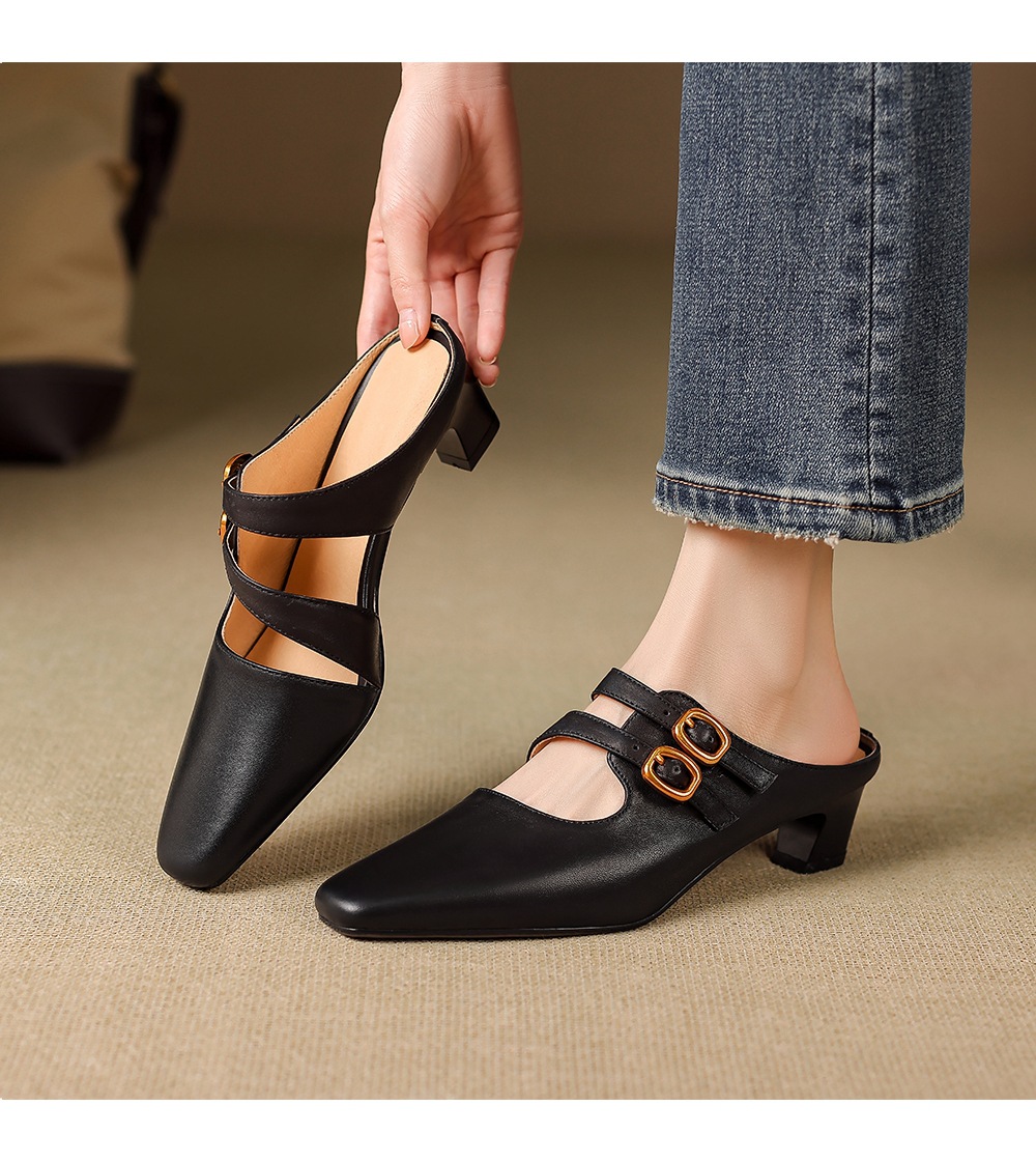 Sandal nữ quai ngang gót vuông ổn định, da bò thật, khóa sau, phong cách Muller — đen chi tiết 6