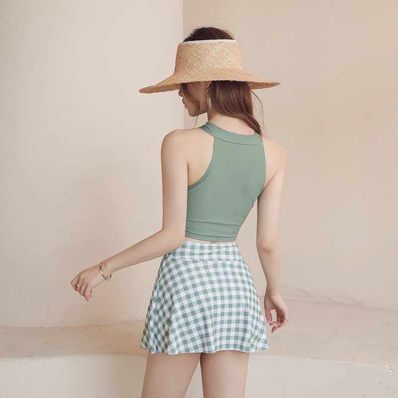 Women's 2021 New Swim Suit Set, Two-Piece Skirt Style, Slimming and Covering Stomach, Summer Small Bust Conservative Hot Spring Student Swimwear