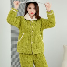 女士睡衣三层夹棉妈妈款产后哺乳套装保暖家居服可外穿加厚保暖