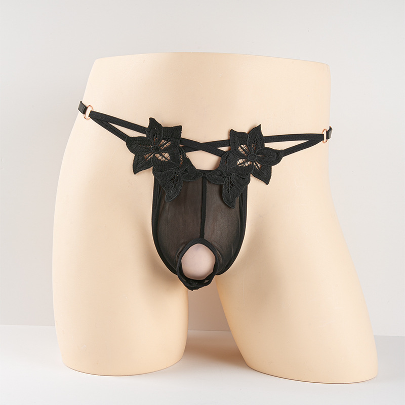 New Men's Erotic Underwear with Sexy Embroidery, Insertable, Back-Opening, Teasing and Tempting Thong