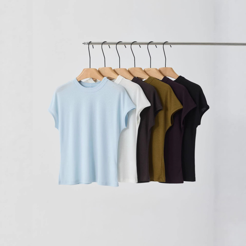 Tencel Linen Small Flutter Sleeve Round Neck T-Shirt for Women 2026 Spring/Summer New Style Loose Fit Drop Shoulder Basic Versatile Solid Color Short Sleeve