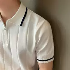 2026 Korean Style Summer Short-Sleeve Collared Casual Knitwear Simple Chanel-Style Textured Striped Half-Zip Trendy Men's Shirt