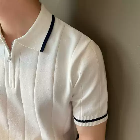 2026 Korean Style Summer Short-Sleeve Collared Casual Knitwear Simple Chanel-Style Textured Striped Half-Zip Trendy Men's Shirt