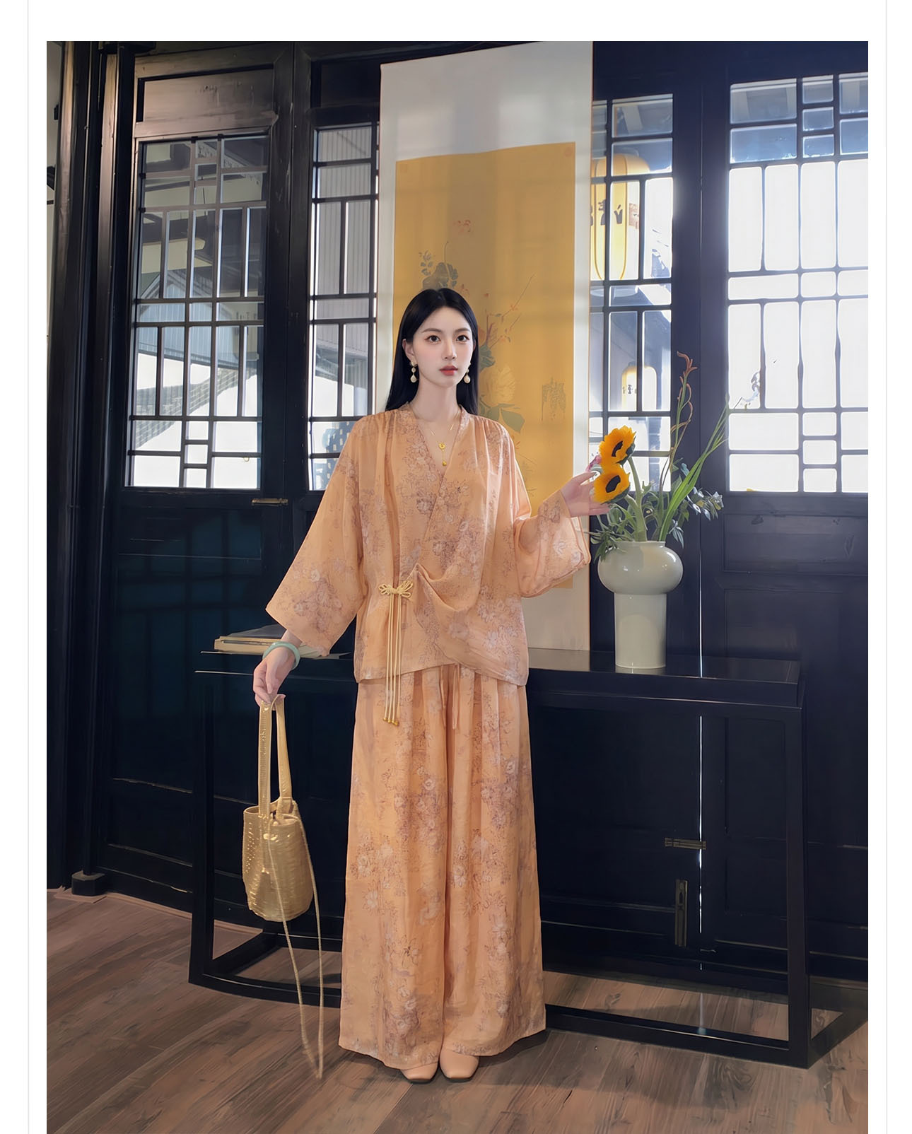Bộ đồ bộ nữ phong cách Trung Hoa mới, áo rộng quần ống rộng họa tiết jacquard, form suông thoải mái — Trang chủ, bộ đồ, Quần dài chi tiết 10
