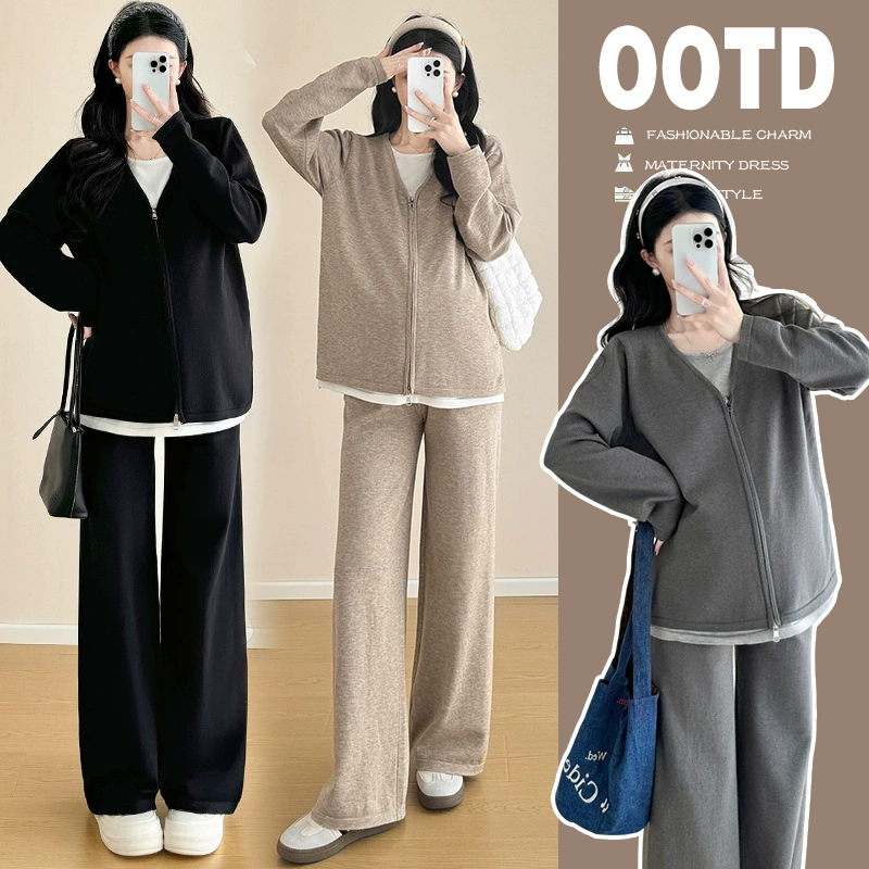 Реальный снимок # беременные осенний костюм 2024 новый минус трикотажный топ широкие брюки весна и осень
