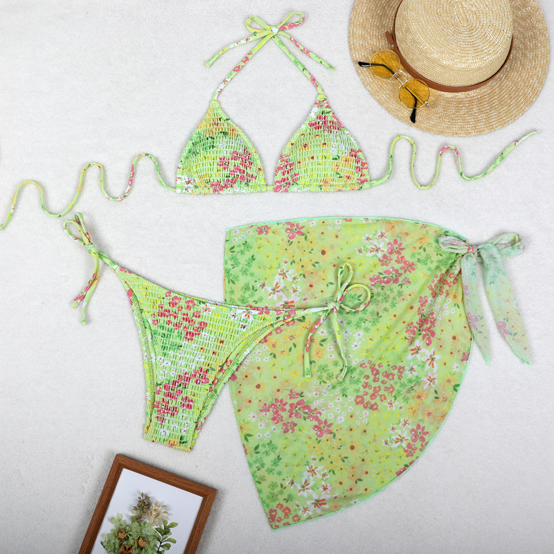 36g Weight Sleeveless Sleeve Length Polyester Fabric Type 3 Pieces Set Quantity Beach, Swimming Occasion Halter Neck Neckline Slim Fit Type Ditsy Floral Pattern Women's Gender Sexy Style Women's Sexy Ditsy Floral 3 Pieces Set Bikinis Swimwear 27
