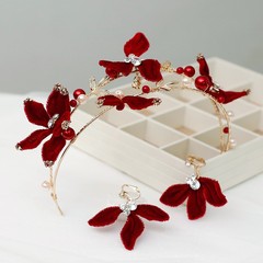 Chinese style bridal headdress burgundy headband flower hair accessories fairy wedding dress toast clothing ethnic style wedding accessories
