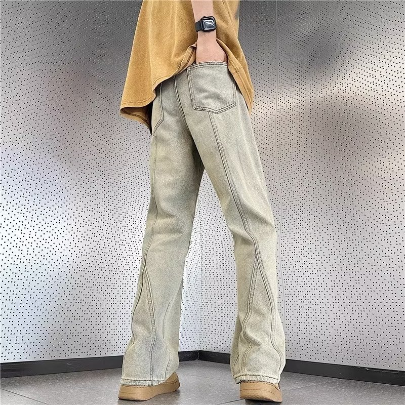 Pantalones retro estadounidenses, jeans teñidos de barro amarillo lavados de la marca de moda de la calle alta, jeans rectos delgados para hombres