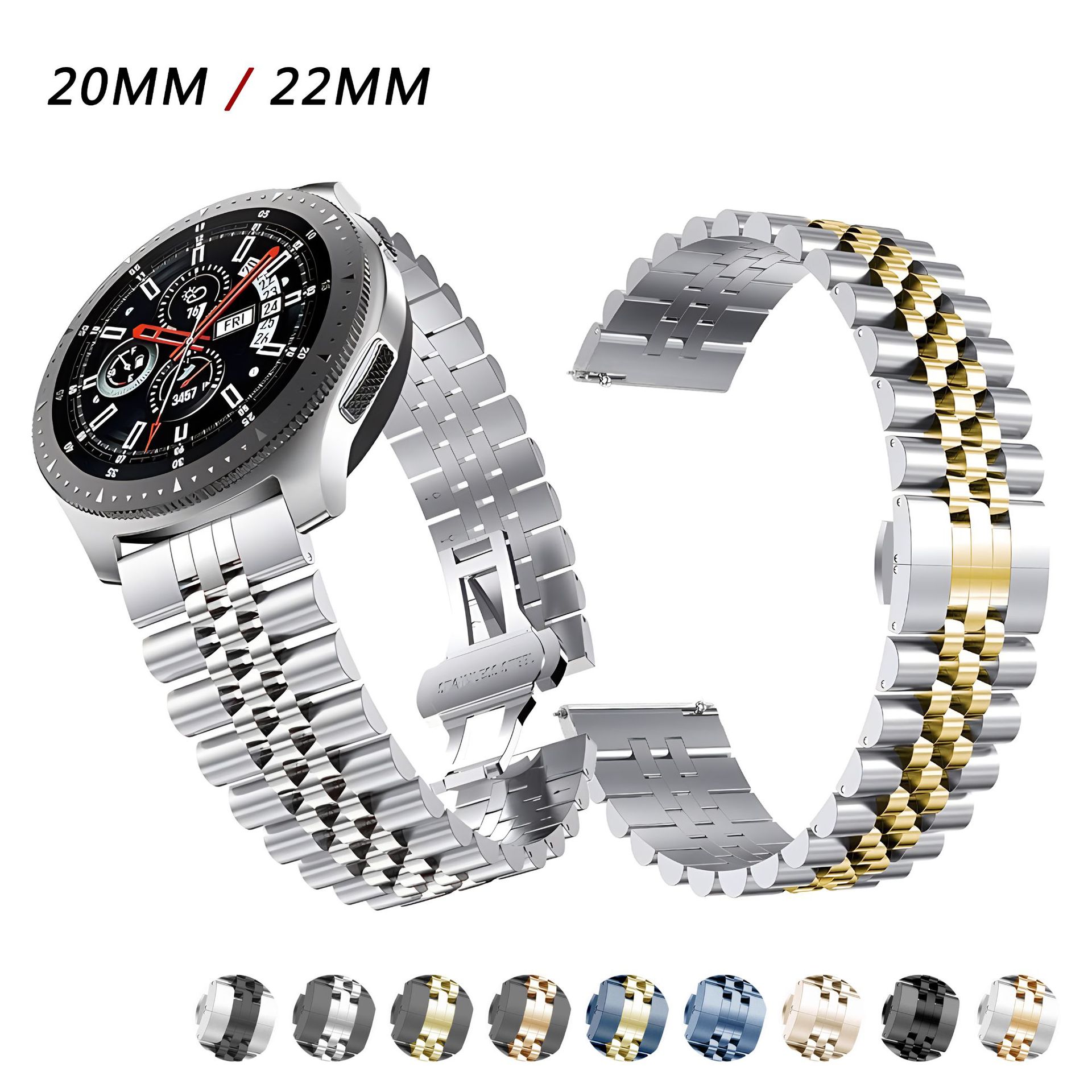 Suitable for Samsung Galaxy Watch Huawei Gt4 New Five-Bead Strap Stainless Steel Strap Metal Butterfly Buckle