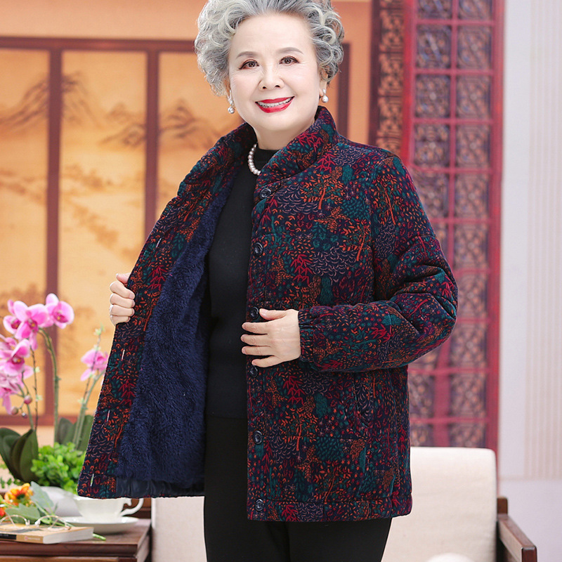 中老年人花棉袄女加绒加厚奶奶冬装棉衣服60岁7080妈妈棉服外套短