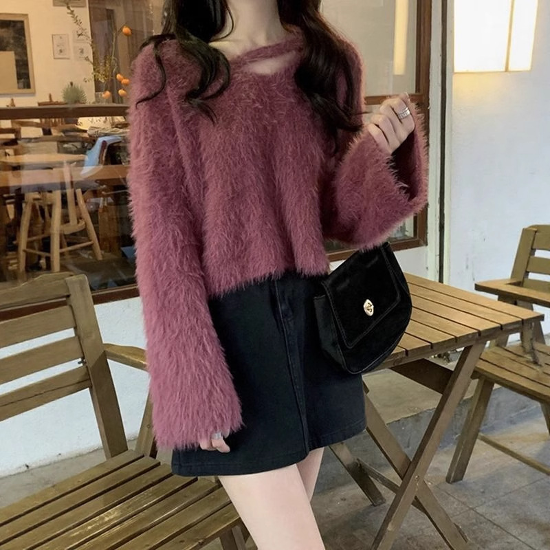 仿水貂毛软糯短款毛衣女秋冬季爆款宽松百搭chic温柔风针织衫上衣|undefined