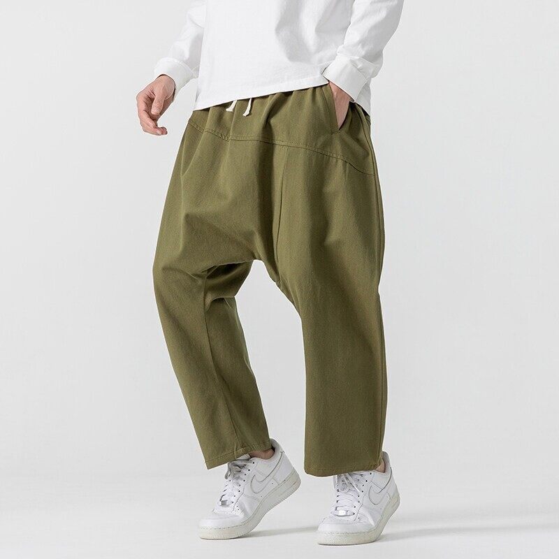 夏季原创大码吊裆裤港风九分低裆垮裤男宽松日系直筒阔腿休闲裤