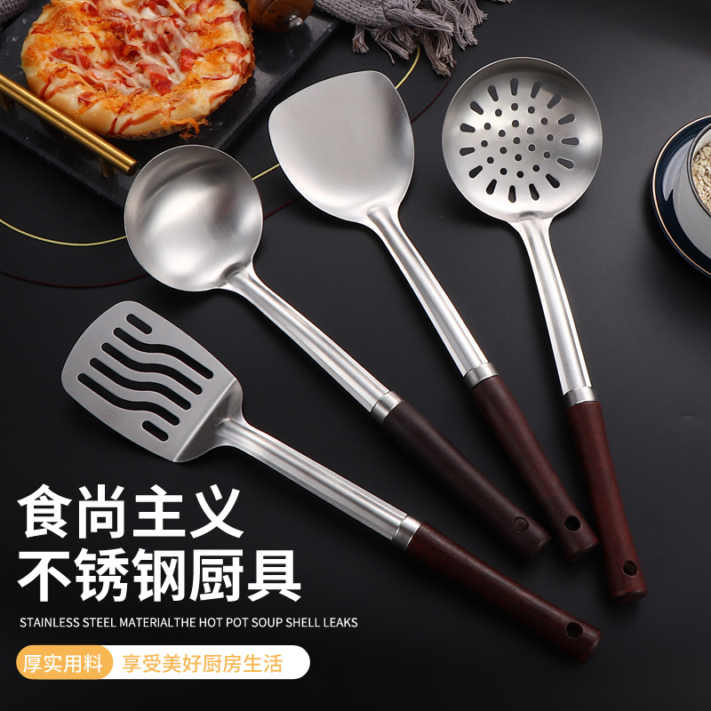 스테인레스 스틸 주걱 요리 삽 길쭉한 나무 손잡이 작은 허리 주걱 숟가락 가정용 수프 스푼 주방 세트 도매