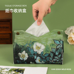 Oil Painting Tissue Box for Home Living Room, Car Tissue Box, Light Luxury Style, High-End Tissue Box, Premium Leather Creative Napkin