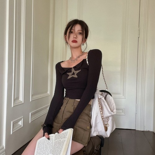 American-style spicy girl five-pointed star V-neck slimming long-sleeved T-shirt women's new design short tight base top