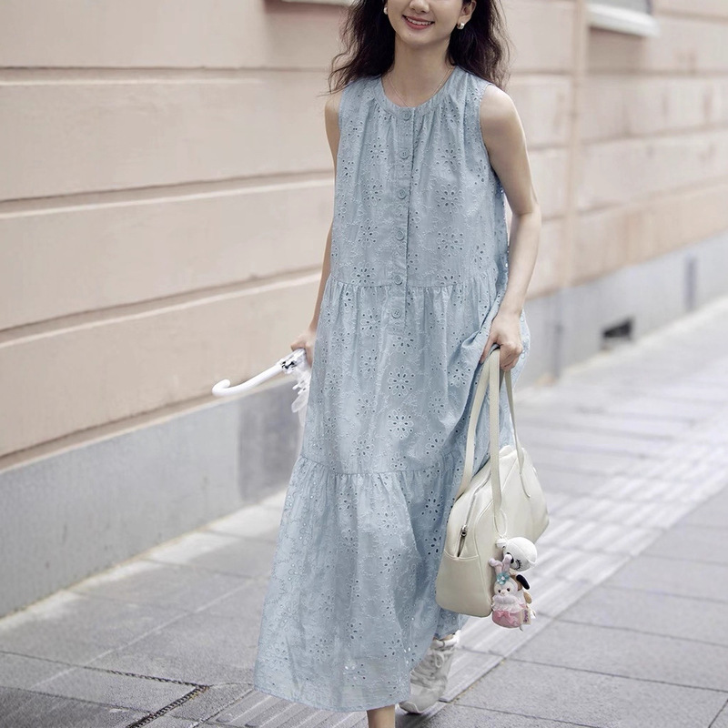 1313 Gentle and Artistic Tencel Crochet Hollow-Out Blue Tank Dress for Women, Vacation Long Dress, Loose-Fitting Dress
