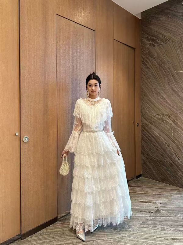宴会晚装礼服裙长裙2025秋女喇叭袖网纱拼蕾丝绣花荷叶木耳连衣裙|undefined