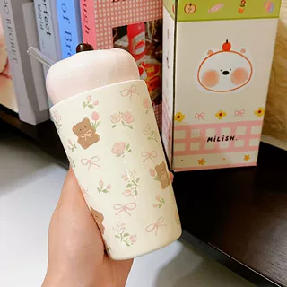 可爱碎花小熊陶瓷杯吸管杯少女心可爱马克杯水杯女生日礼物伴手礼