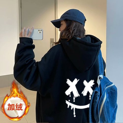 Men's Sweatshirt with Face Print for Autumn/Winter, Hooded, Fleece Lined, Trendy, Ins Style, Loose and Casual, Couple Hoodie Sweatshirt