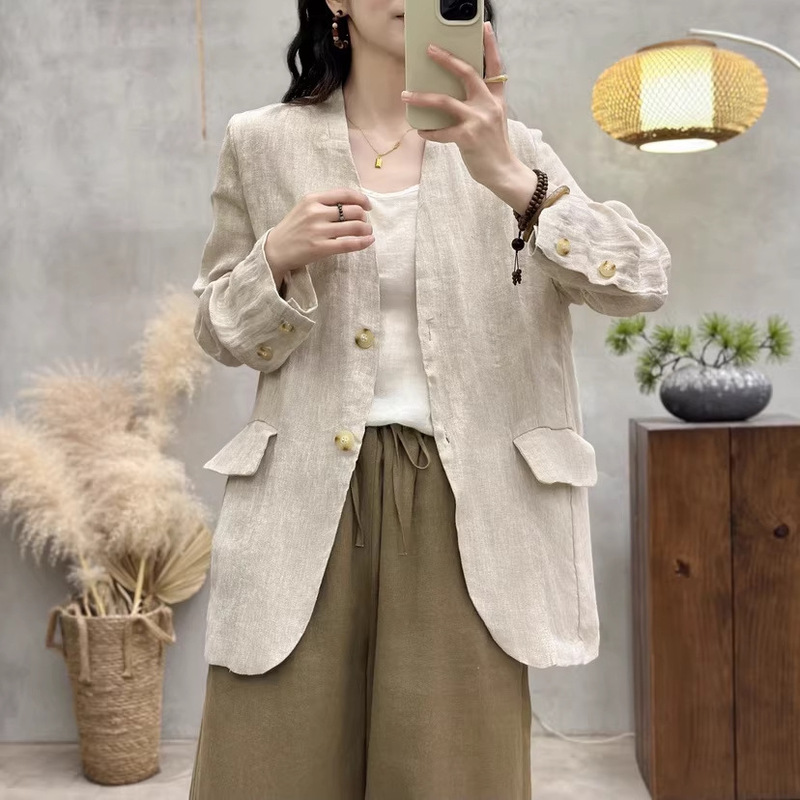 Linen Blazer for Women 2026 Spring Style Artistic Retro Loose Slimming Casual Versatile Fashion Top 8365