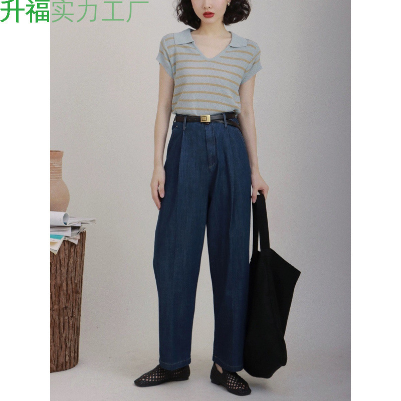 レトロなVネック半袖セーター、ストライプのコントラストカラーデザイン、スリムでエレガントな女性用ルーズトップ、夏に通気性あり|undefined
