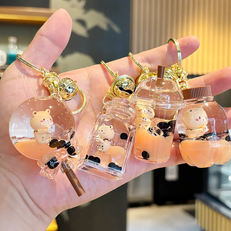 Trendy Milk Tea Bear Floating Oil Keychain, Bubble Tea Cup Lollipop Design, Student Backpack Pendant
