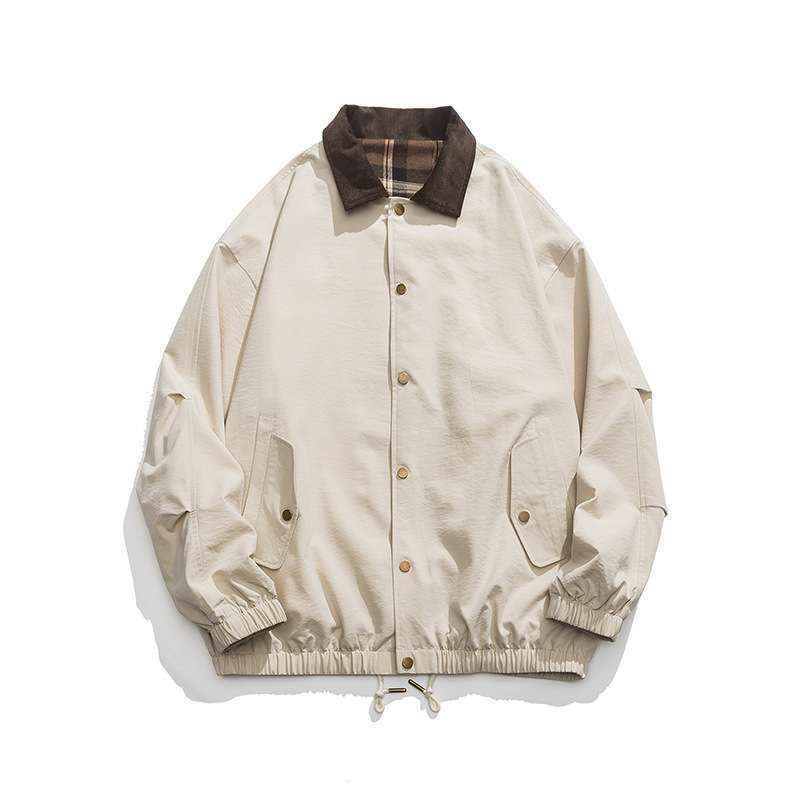 Japanese Style Retro Jacket Spring and Autumn New Frock Collar Carhart Contrast Color Couple Jacket Loose Plaid Waterproof Trendy