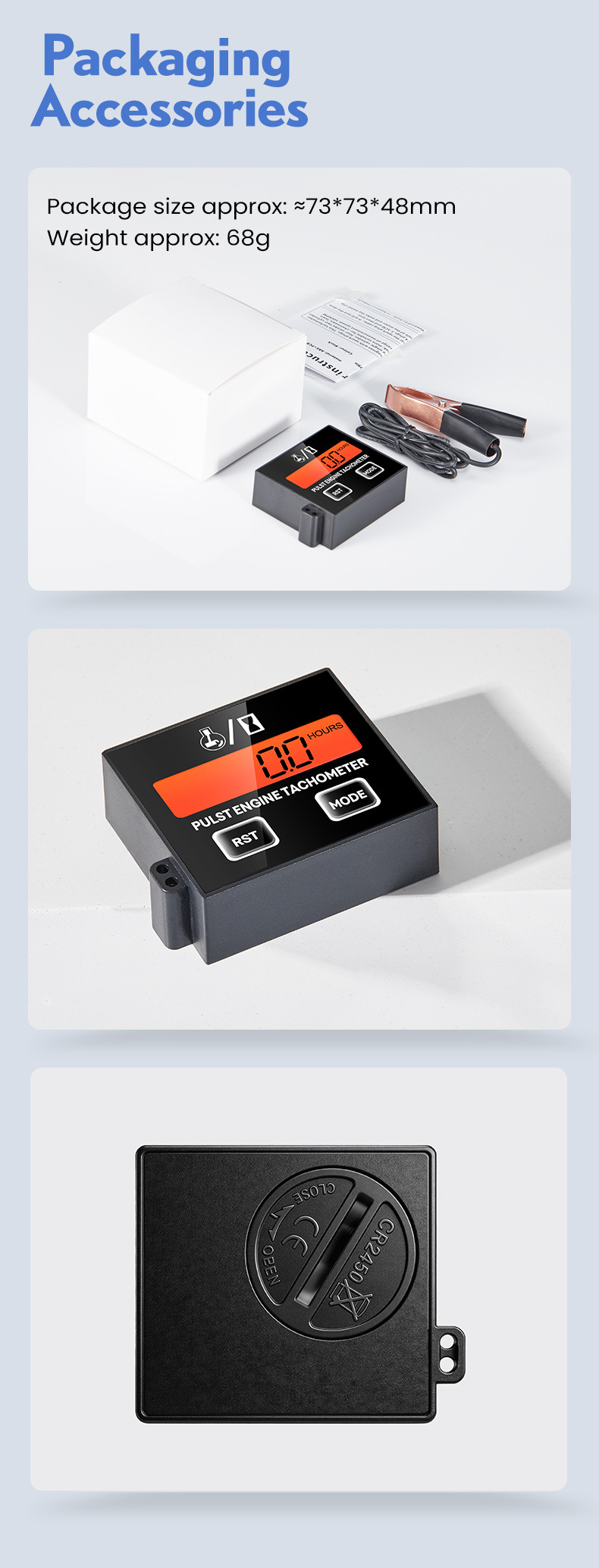 Inductive digital display tachometer for 2-stroke and 4-stroke engines, lawn mower oil accumulation timer tachometer