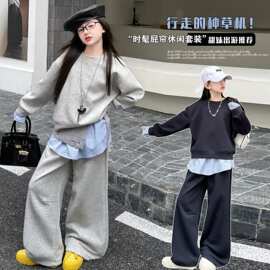 女童假两件卫衣套装儿童时髦屁帘甜酷卫衣针织三件套洋气童装跨境