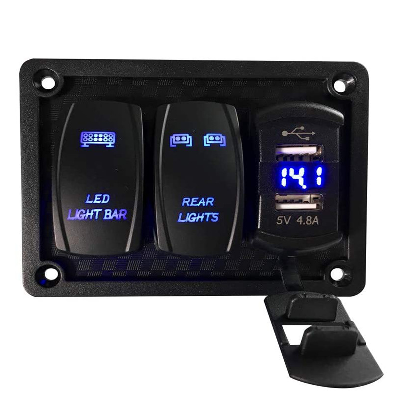 2组摇臂开关面板，带4.8安培双USB摇臂USB快速充电器+电压表