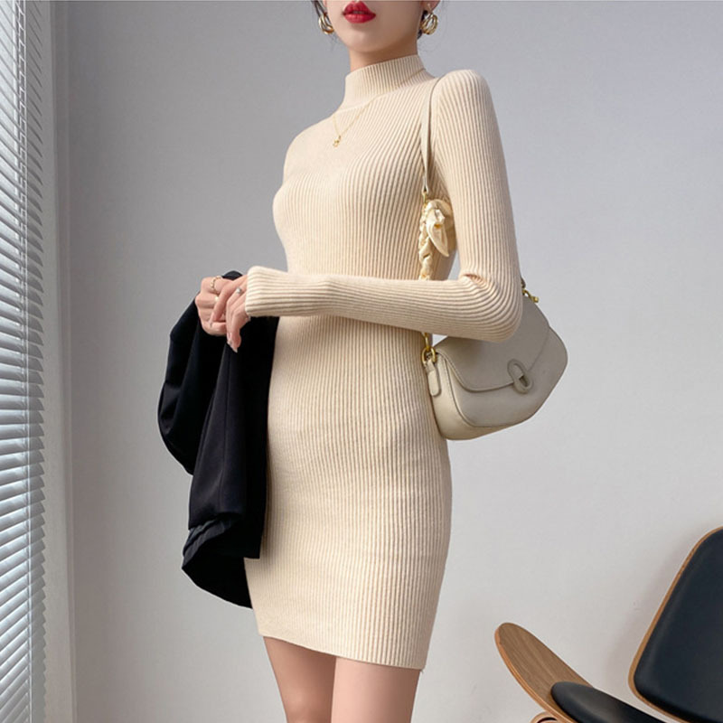 Half Turtleneck Knitted Dress for Women, Slim Fit, Autumn and Winter Short Elegant Sweater Dress, Sexy Slim Bottoming Skirt