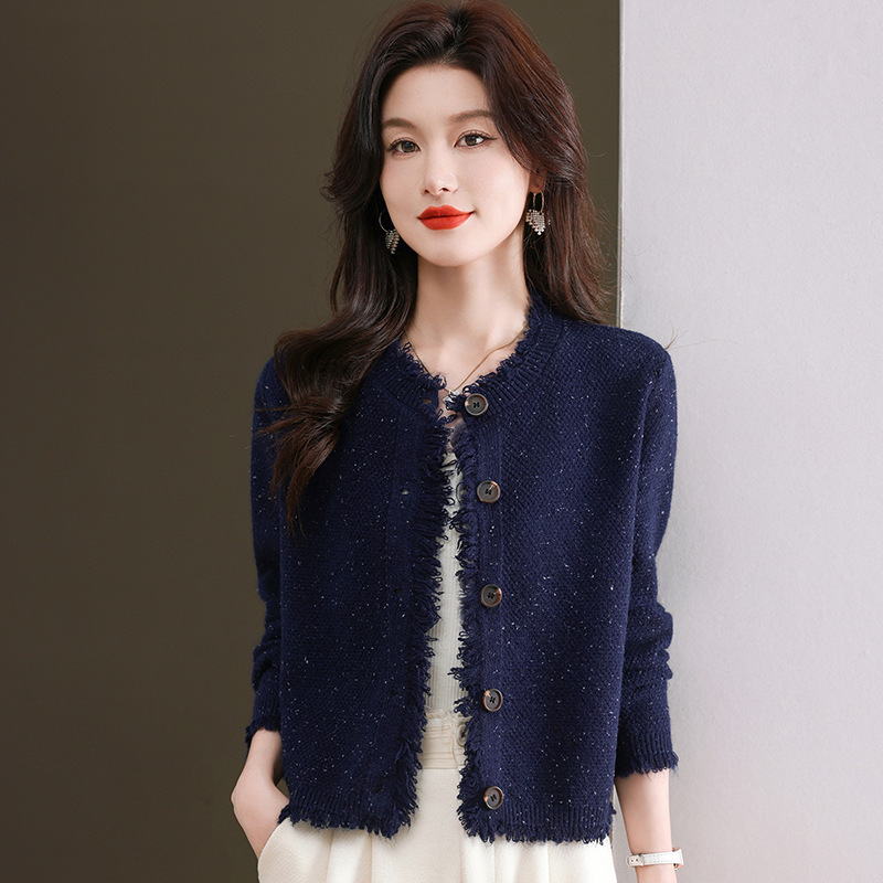 Brand Tweed Style Knitted Cardigan Women's Short New Outer Cardigan Top Petite Tassel Sweater Jacket