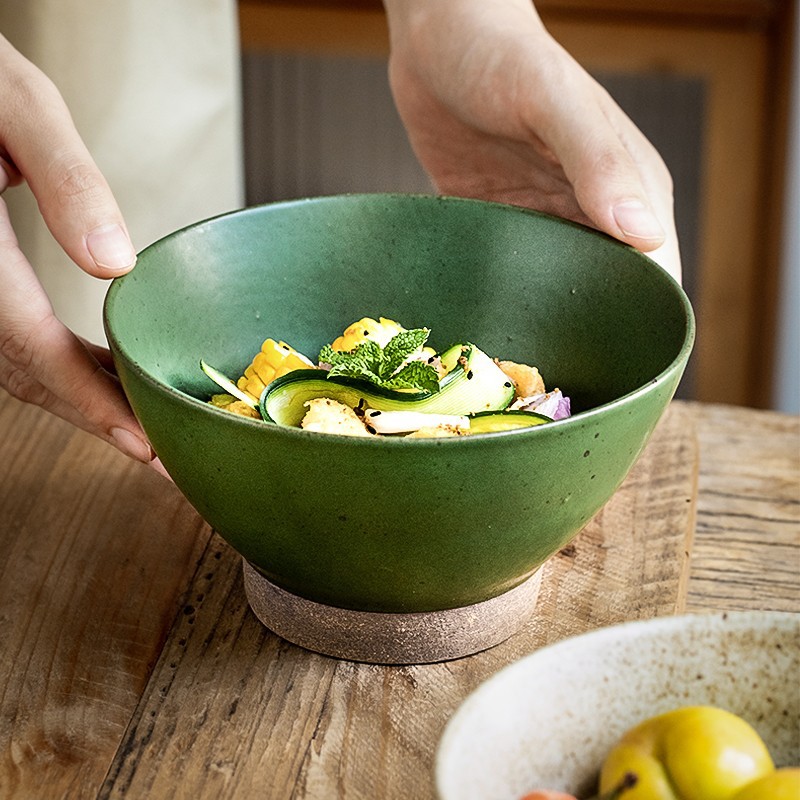 Tazón de fideos hechos a mano de estilo japonés Vintage de 6.5 pulgadas de cerámica gruesa Tazón de pie alto Tazón de cerámica Ramen Tazón exportación transfronteriza
