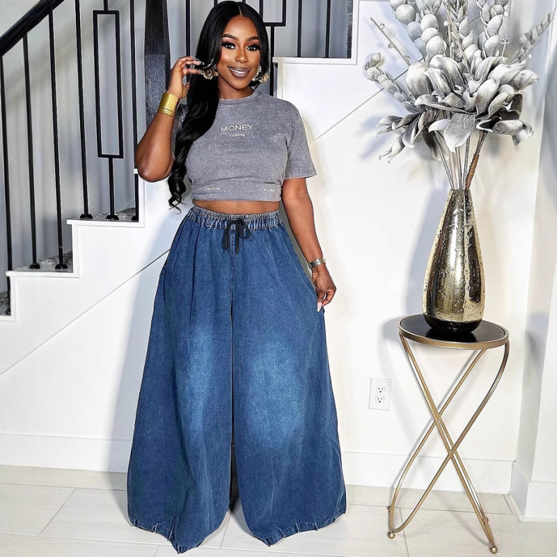 European and American Style Loose Jeans Amazon Cross-Border New Women's Street Casual Versatile Elastic Waist Wide Leg Pants European and American Style Loose Jeans Amazon Cross-Border New Women's Street Casual Versatile Elastic Waist Wide Leg Pants