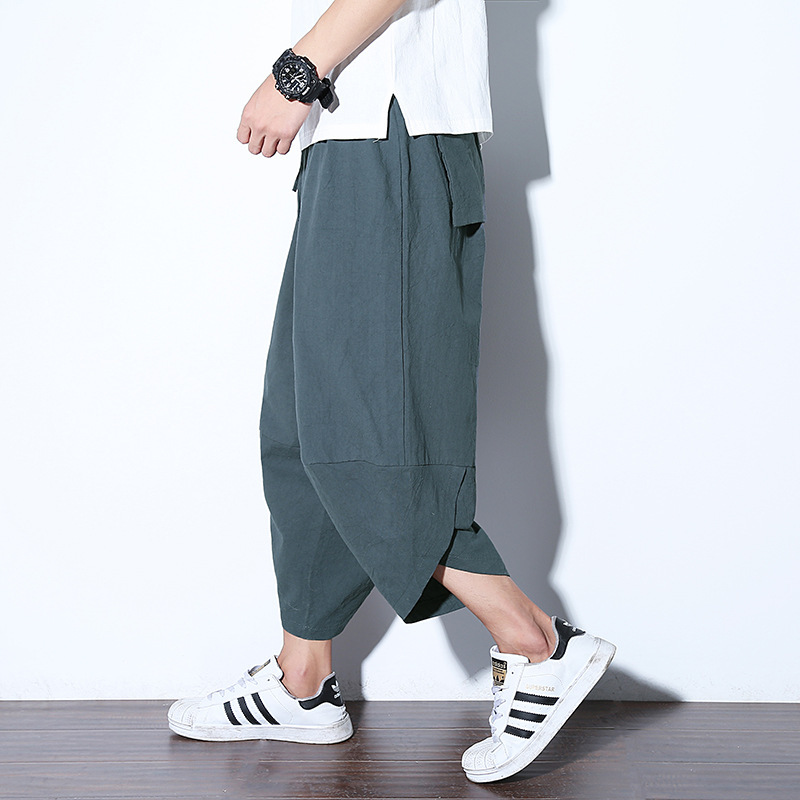 2025 Chinese Style Summer New Cropped Pants Men's Cotton and Linen Trendy Shorts Japanese Style Large Size Loose Carrot Pants